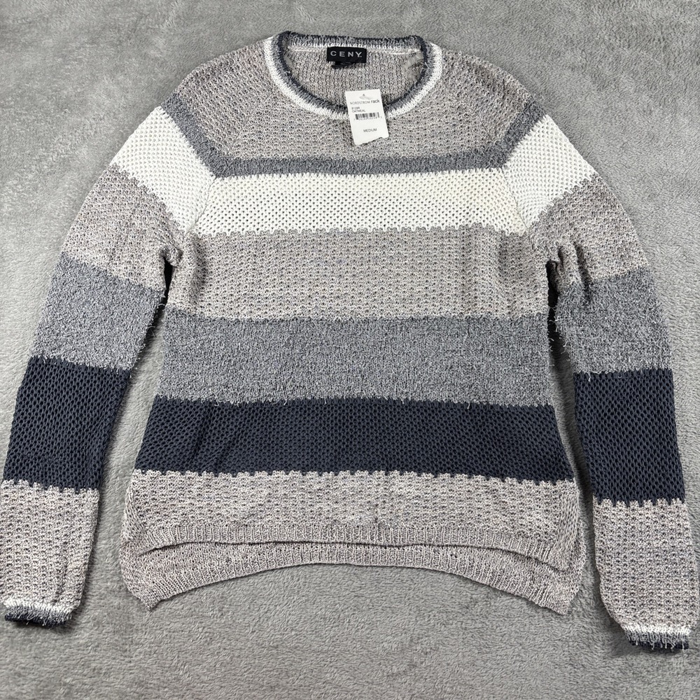 NWT CENY Women's Crew Neck Open Knit Pullover Sweater Oatmeal Gray Stripe Size M